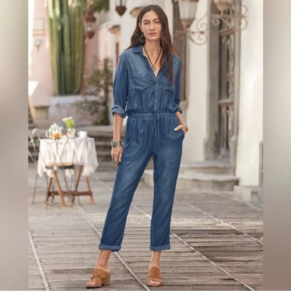 Cloth & Stone Tencel Chambray Utility Jumpsuit Roll Tab Long Sleeve Blue XL